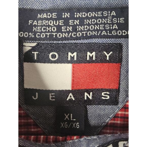 Tommy Hilfiger Jeans Men's Size XL Short Sleeve Button Front Shirt Red Check Y2K - Picture 3 of 7